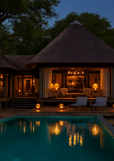 Beleuchtete Luxuslodge mit Pool am Abend